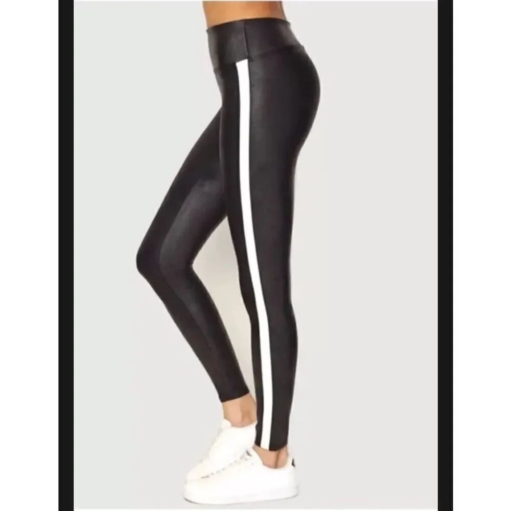 Spanx Faux leather white stripe black leggings XL